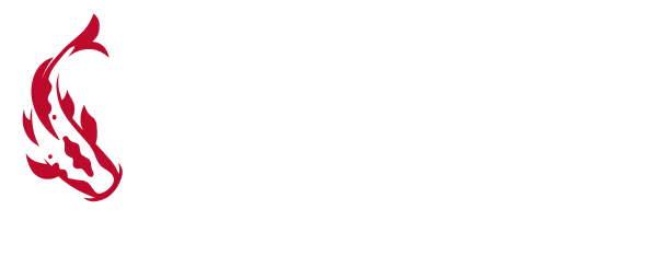 Oishi Sushi & Izakaya logo: red stylized koi fish with white text